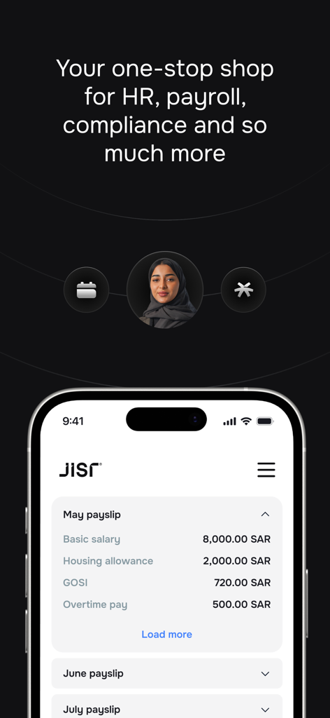 Jisr HR app interface showing an employee payslip with salary and housing allowance details