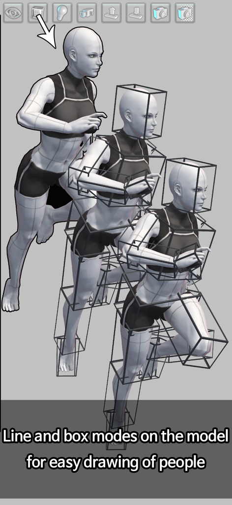 Easy Pose -Best Posing App - Um modelo de personagem feminina 3D mostrado em vários modos de wireframe de linha e caixa para auxiliar no desenho anatômico