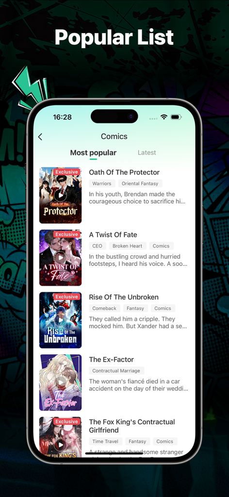 MoboDrama - AI Comic Dramas - MoboDramaアプリのインターフェース。人気のあるAI生成コミックドラマのリストを表示しています。