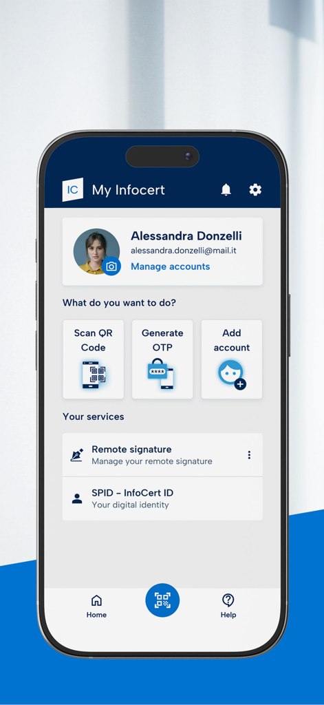 My Infocert - My Infocert mobile app home screen showing user profile and options for digital signature and SPID identity management