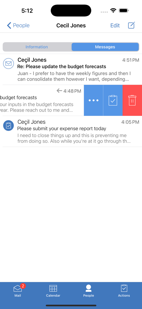 Interface de l'application HCL Verse affichant une liste de messages d'un contact avec des options d'action par glissement comme supprimer et donner suite.