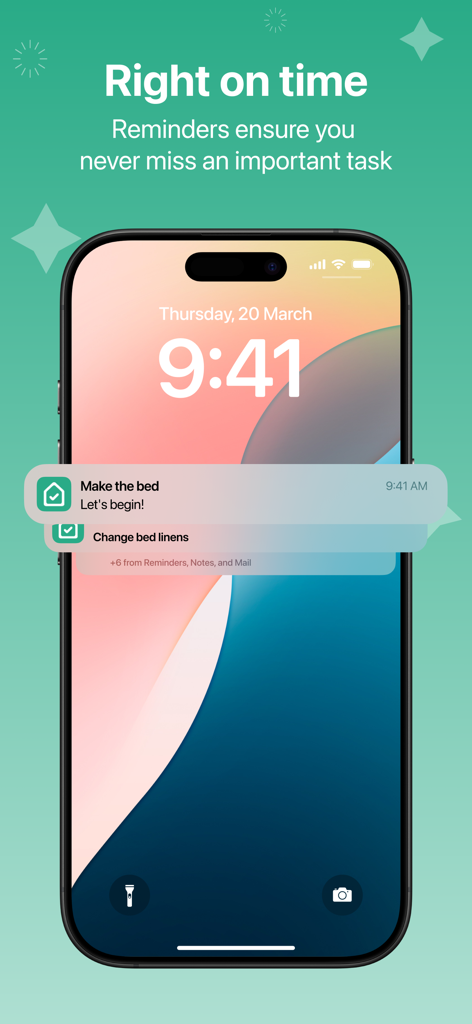 Daily cleaning routines - ベッドメイキングなどの家事のリマインダーを示すiPhoneのロック画面
