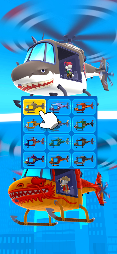 Heli Monsters - Giant Hunter - Auswahlraster verschiedener Helikopter-Skins und Designs in Heli Monsters Giant Hunter.