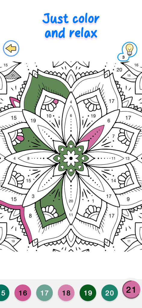 A partially colored mandala design in the Happy Canvas color by number app interface.