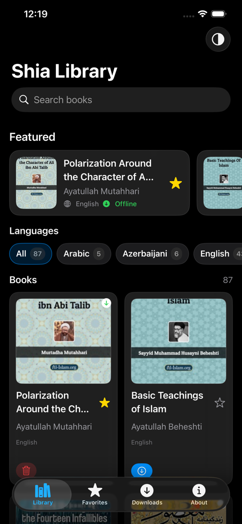 Shia Library - Shia Library mobile app interface displaying featured books and language filters in dark mode