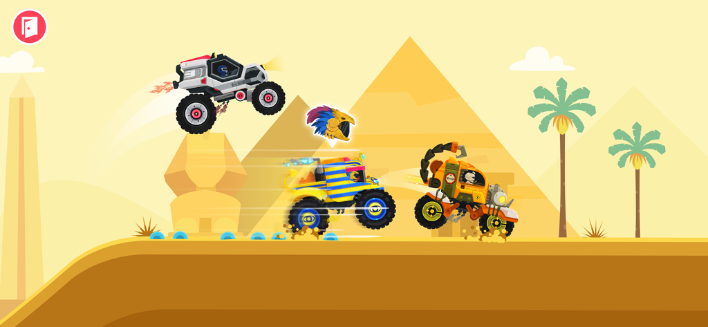 Des monster trucks colorés faisant la course dans un paysage de désert égyptien avec des pyramides et des palmiers.