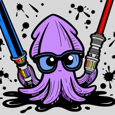 squid with lightsabers as arms with ink in the background