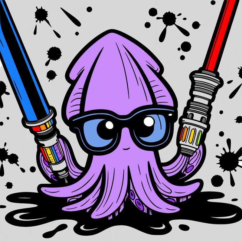 squid with lightsabers as arms with ink in the background