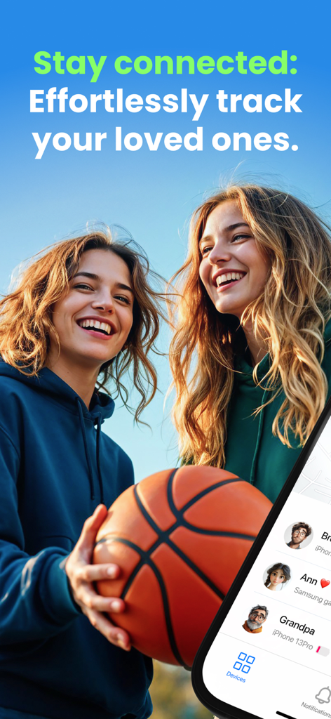 Dos adolescentes sonrientes sosteniendo un balón de baloncesto con la interfaz de la aplicación mSpy Lite que muestra a los miembros de la familia