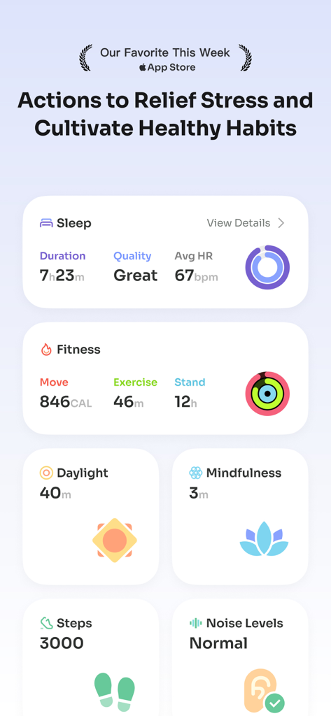 StressWatch: AI Stress Monitor - StressWatch-App-Dashboard, das Schlaf-, Fitness- und Achtsamkeitsmetriken zur Stressbewältigung anzeigt