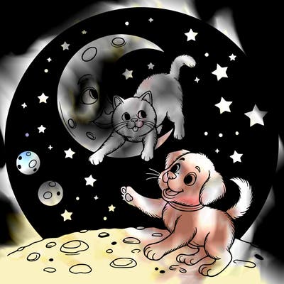 a realistic dog and cat playing on the moon