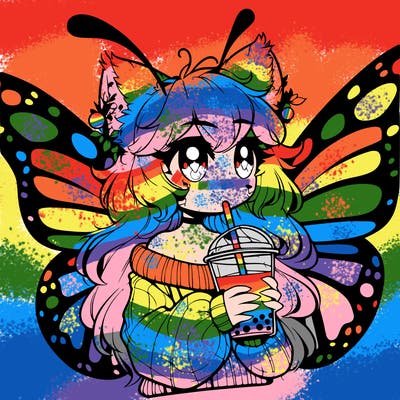 a realistic butterfly/furry girl drinking boba