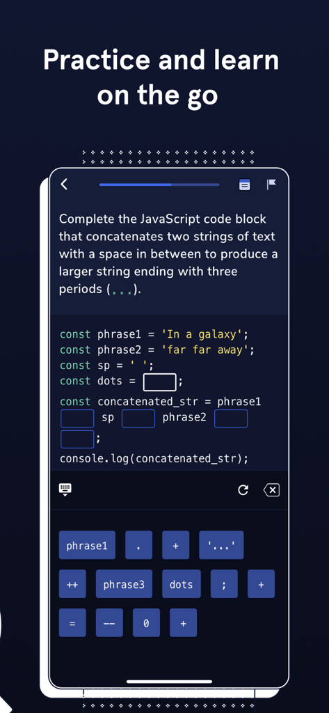 Mobile screenshot of the Codecademy Go app showing a JavaScript string concatenation exercise