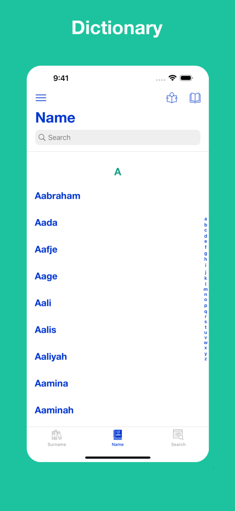 Lista alfabética de nombres que comienzan con A en la aplicación móvil Diccionario de Apellidos y Nombres