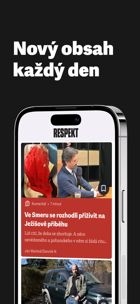 Respekt - Interfaz de la aplicación de noticias Respekt en un iPhone mostrando artículos de investigación diarios y comentarios en checo