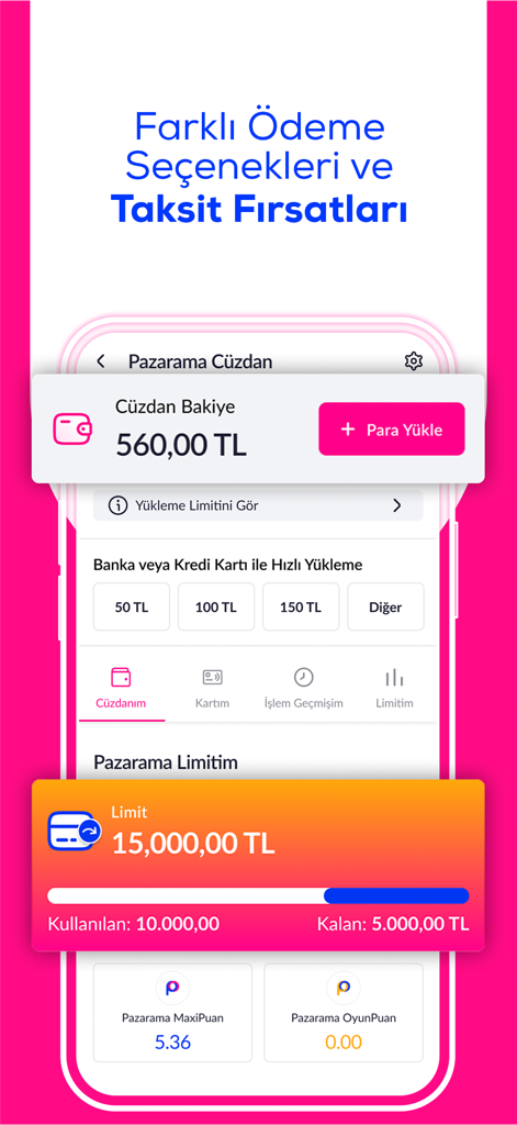 Pazarama: Online Alışveriş - Pazarama mobile app digital wallet interface showing balance and installment payment options