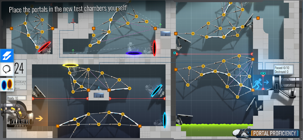 Bridge Constructor Portal - Bridge Constructor Portal gameplay showing complex bridge constructions and orange and blue portals