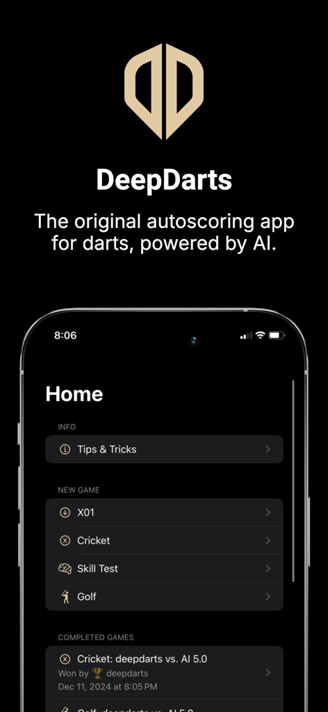 DeepDarts - Pantalla de inicio de la aplicación móvil DeepDarts mostrando varios modos de juego de dardos