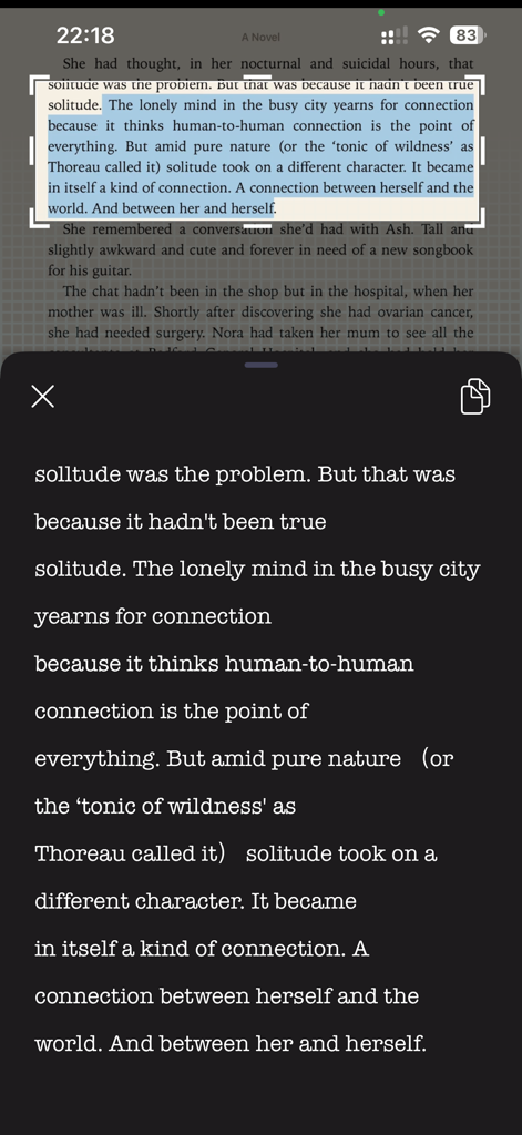 拍照取字 - Interface of Scan X app displaying OCR text extraction from a highlighted paragraph in a book