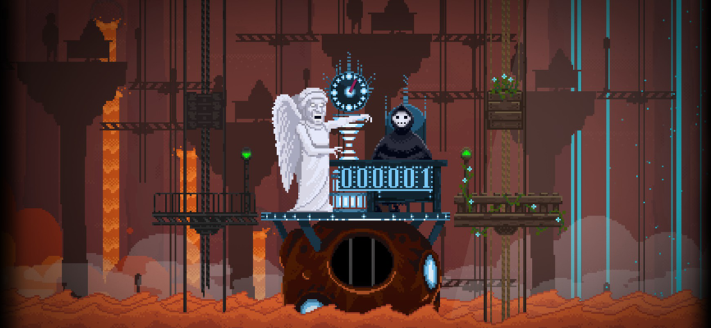 Pixel art of the Reaper sitting at a sorting desk in Apocalypse Inc