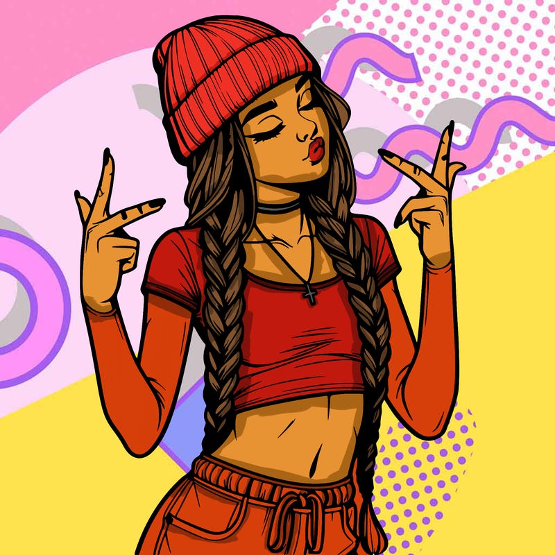 realistic teenage girl with braids and a beanie and crop top doing 🫶🏼
