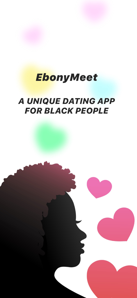 Ebony Meet: Black Dating, Chat - EbonyMeet app welcome screen for Black dating featuring a woman's silhouette and pink hearts