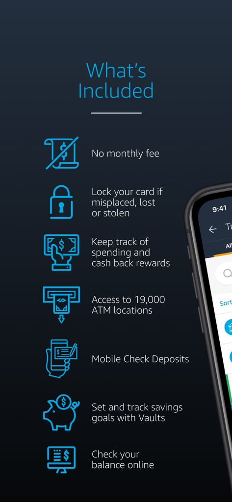 A list of Amazon Flex Debit Card app features including no monthly fees, card locking, and rewards tracking
