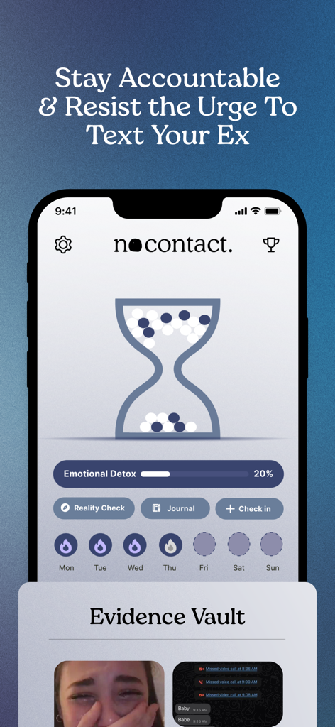 No Contact Tracker Pro - Uma tela de smartphone mostrando o aplicativo No Contact Tracker Pro com um rastreador de sequência de progresso e uma seção de cofre de evidências.