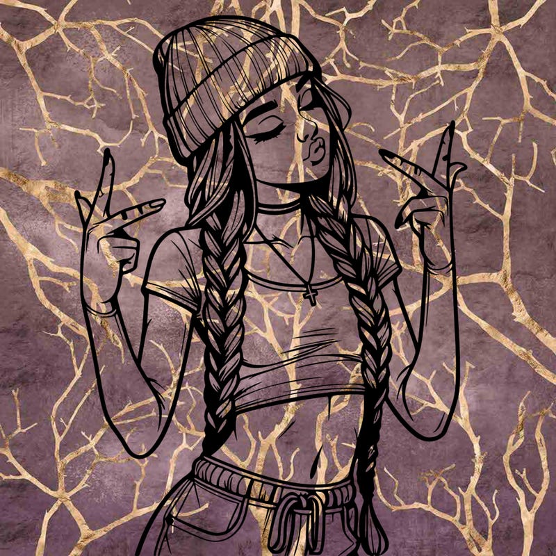 realistic teenage girl with braids and a beanie and crop top doing 🫶🏼