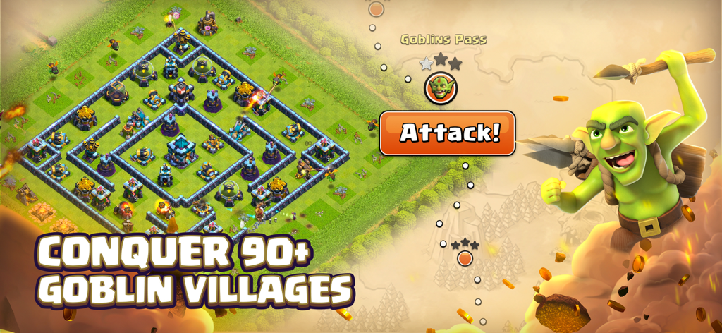 クラッシュ・オブ・クランの村のベースと槍を持ったゴブリンの画像。テキストには「90以上のゴブリン村を征服しよう」と表示されています。