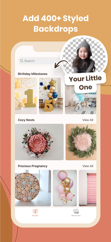 Pantalla de la aplicación Ovil que muestra una colección de fondos profesionales para momentos importantes de cumpleaños y fotografía de bebés