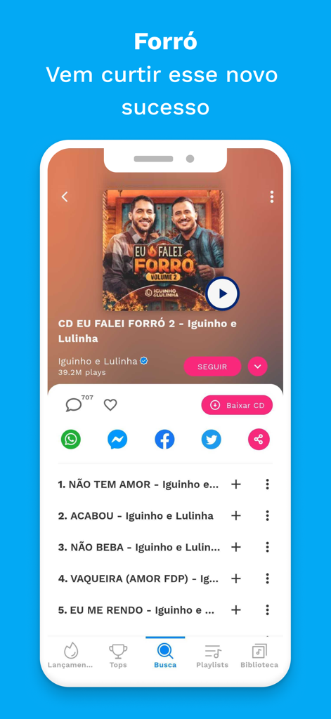 Sua Música: Ouvir e Baixar - Schermata dell'app Sua Musica che mostra un lettore di album di musica Forro con opzioni di download e condivisione.