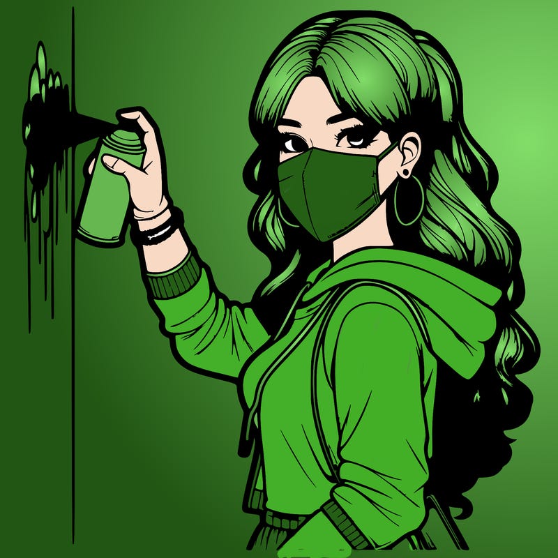 realistic girl with mask spray painting a wall
