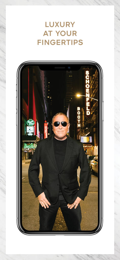 KORSVIP - KORSVIP app introductory screen featuring Michael Kors and the slogan Luxury at your fingertips