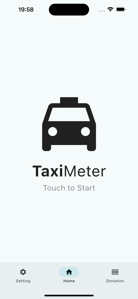 Taxi Meter for South Korea - 택시 아이콘과 시작 버튼이 있는 대한민국 택시 미터기 앱의 홈 화면