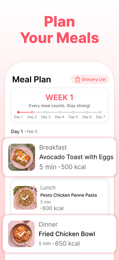 SheFit: Home Workout for Women - The SheFit app meal planning screen showing daily breakfast lunch and dinner options with calorie counts and a grocery list button