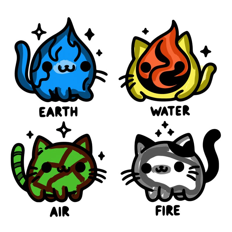 4 cats that represent the different elements, earth, water, air, and fire