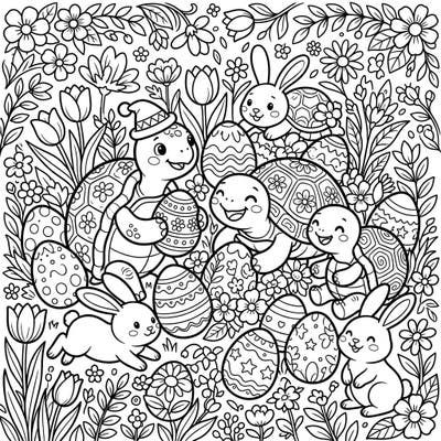 Immerse yourself in the heartwarming spirit of Easter with this delightful coloring page featuring friendly turtles and tortoises. Surrounded by playful bunnies and beautifully decorated eggs amidst a bounty of spring flowers, this scene is bursting with seasonal charm.