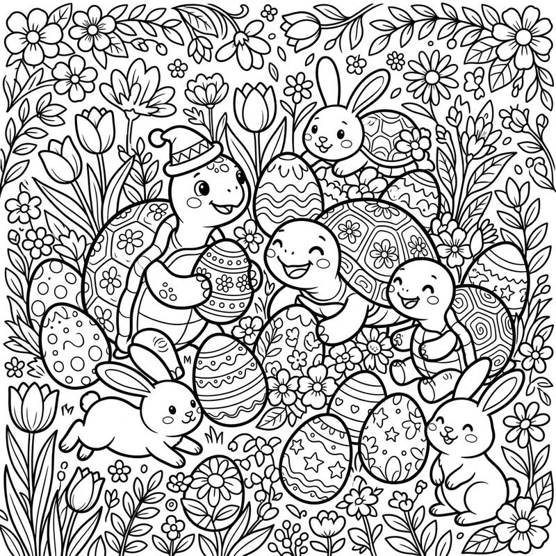 Immerse yourself in the heartwarming spirit of Easter with this delightful coloring page featuring friendly turtles and tortoises. Surrounded by playful bunnies and beautifully decorated eggs amidst a bounty of spring flowers, this scene is bursting with seasonal charm.