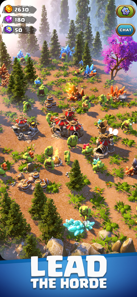 Orecraft: Mining Camp - Green orcs mining colorful crystals and managing buildings in a forest camp environment