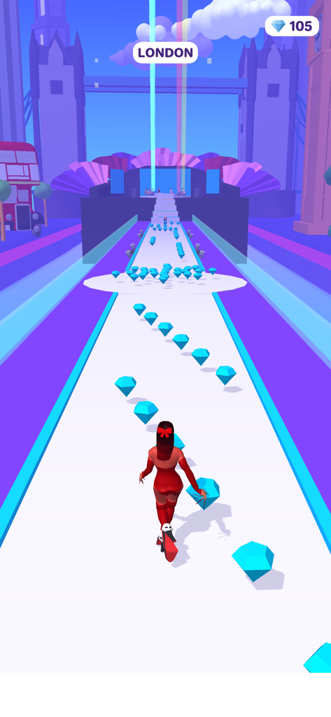 High Heels! - A character in a red outfit walking down a runway in London collecting blue gems in the High Heels game.
