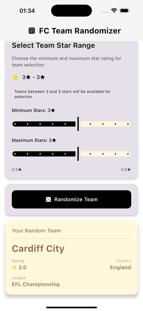 FC 26 Team Randomizer - Interface of the FC 26 Team Randomizer app showing a random selection of Cardiff City within a three star rating range