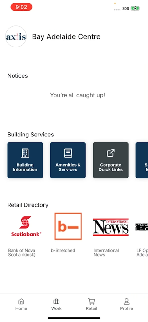Interface of the axiis Tenant App for Bay Adelaide Centre showing building services and a retail directory.