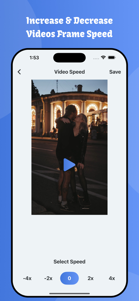 Interface for increasing or decreasing video frame speed in the Video Cutter app
