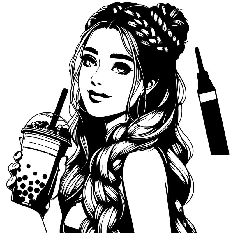 realistic girl holding a boba with braided hair