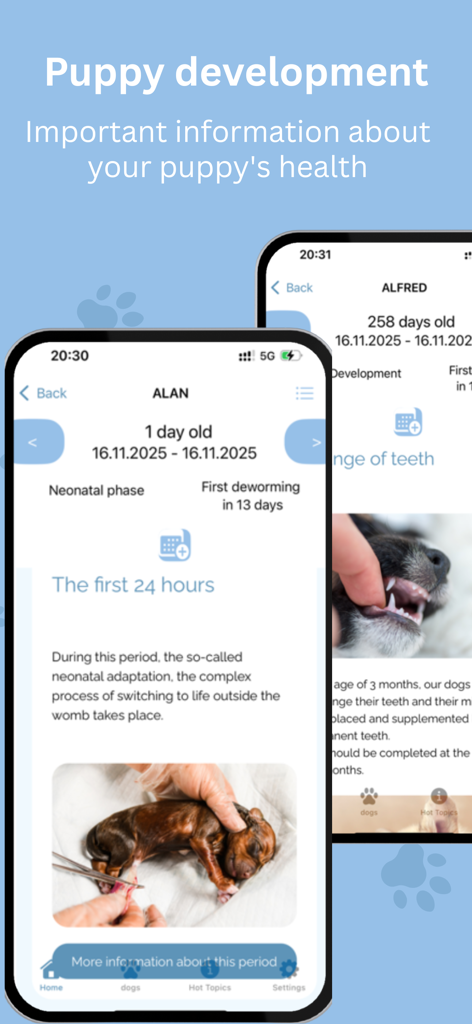 Puppy-Center: Dog Breeding App - Screenshots of the Puppy Center app showing puppy development stages including neonatal care and tooth change tracking