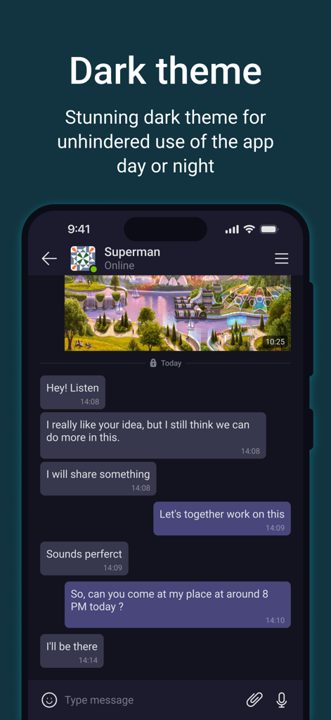 Utopia — Private Messenger - Utopia private messenger interface showing an encrypted chat with dark theme enabled