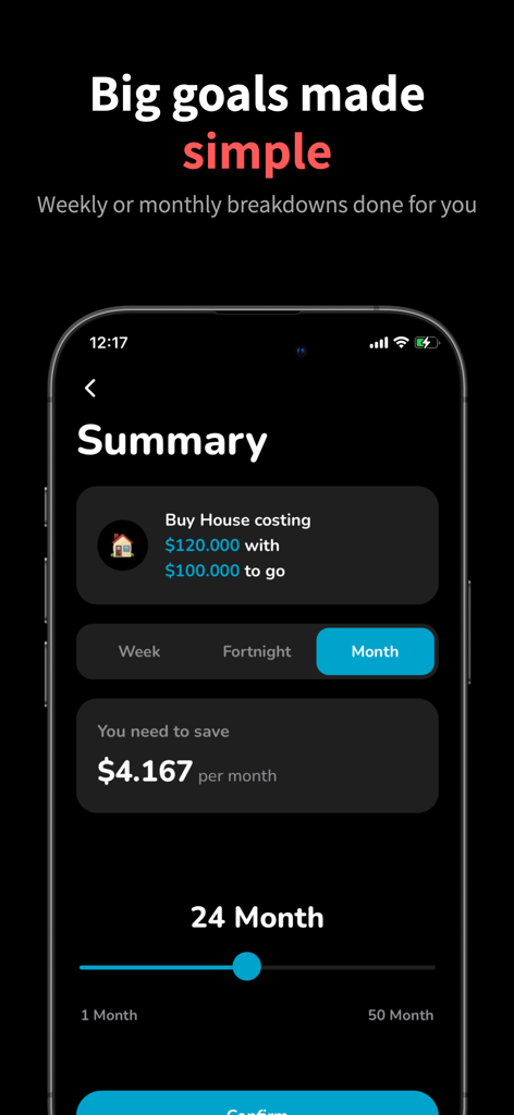 Saving Together - Pantalla de la aplicación Juntos Ahorrando que muestra un desglose de ahorros mensuales para una meta de compra de casa.