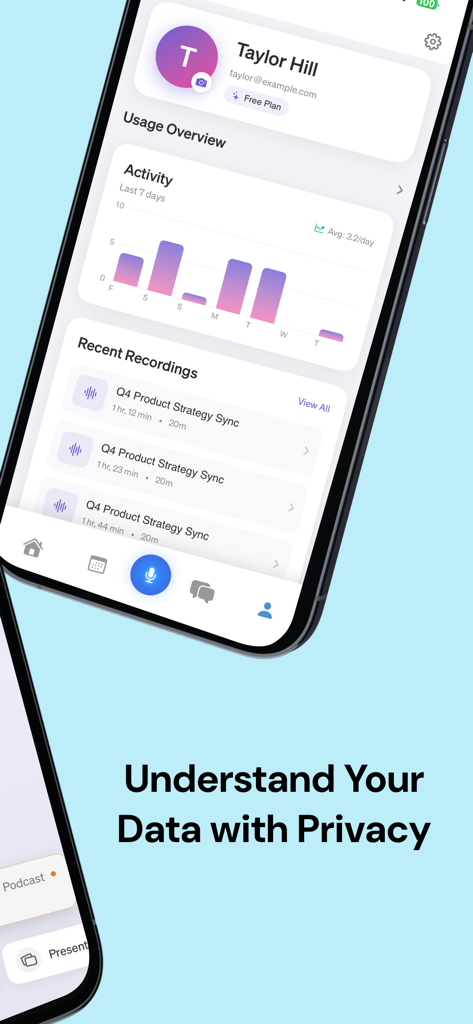 Descript - AI Audio Summaries - Descript-App-Profilbildschirm mit Nutzungsübersicht, Aktivitätsdiagrammen und aktuellen Aufnahmen
