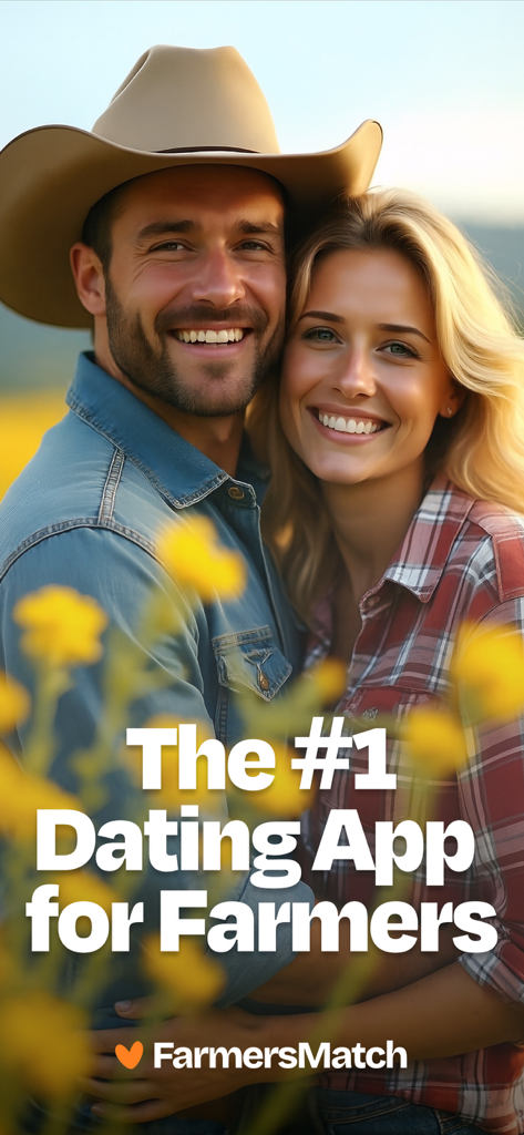 Farmers Match Dating App - A smiling couple in country attire with the text The #1 Dating App for Farmers